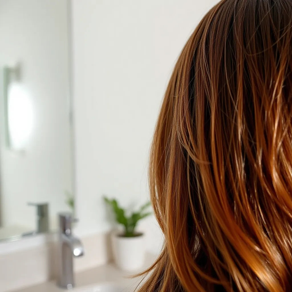 Glossy hair with deep, vibrant color tones reflecting light in soft natural illumination