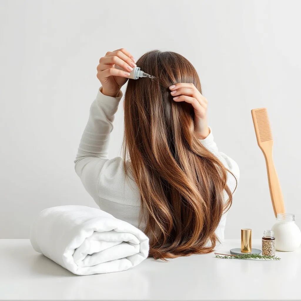 Stylist applying a serum to smooth, shiny hair strands with comb and dropper bottle nearby