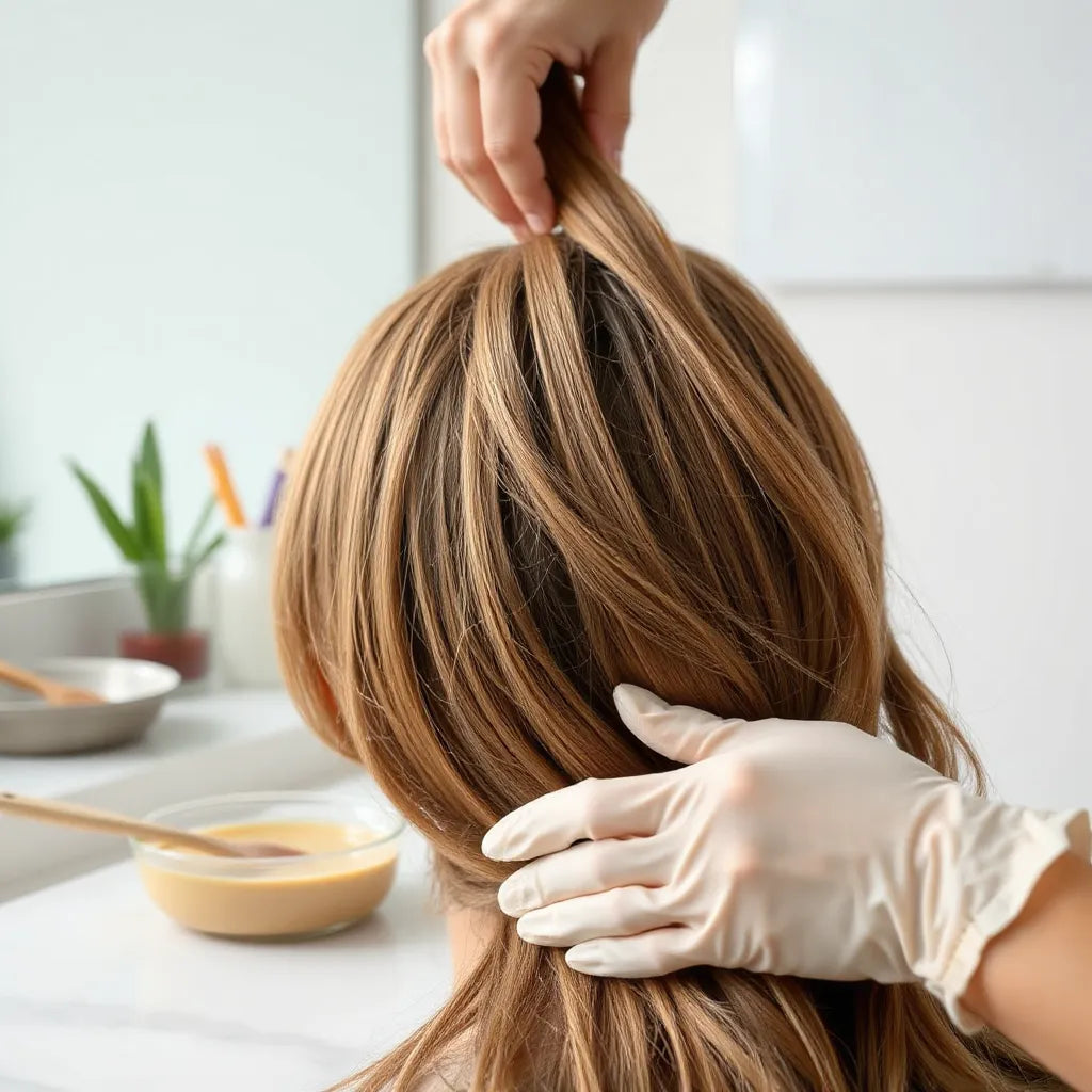 Glossy hair strands with a hair coloring brush and vegan dye bowl on a clean countertop