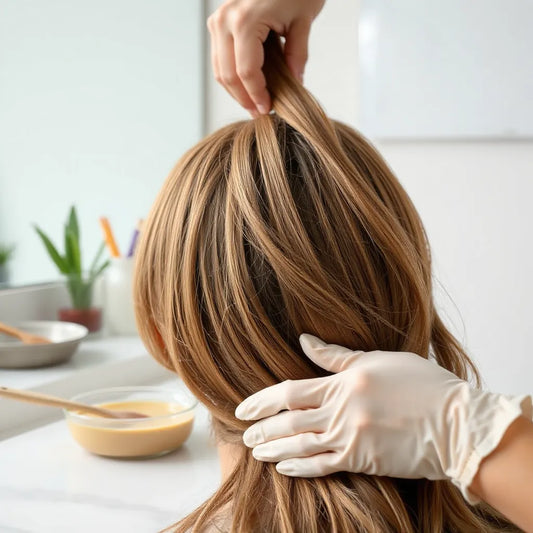 Glossy hair strands with a hair coloring brush and vegan dye bowl on a clean countertop
