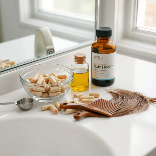 Assorted hair supplement capsules and a small bottle beside a comb on a clean vanity