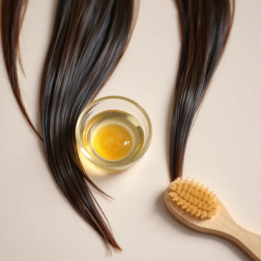 Shiny hair strands with a bowl of clear bonding treatment liquid and a minimalist application brush