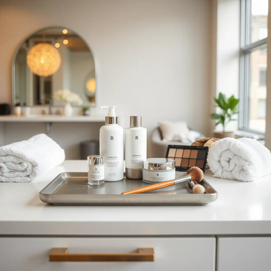 Neatly arranged professional skincare and beauty products on a clean salon countertop