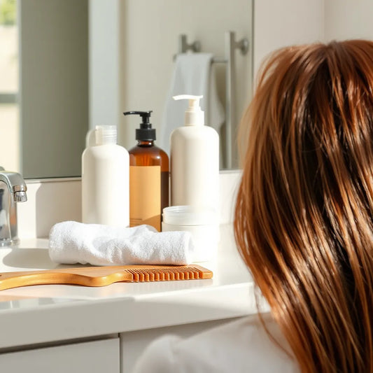Minimal vanity with hair care bottles, towel, comb, and glossy healthy hair strands