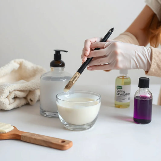 Gloved hands applying a gentle hair dye to hair with tint brush and bowl in a clean salon setting