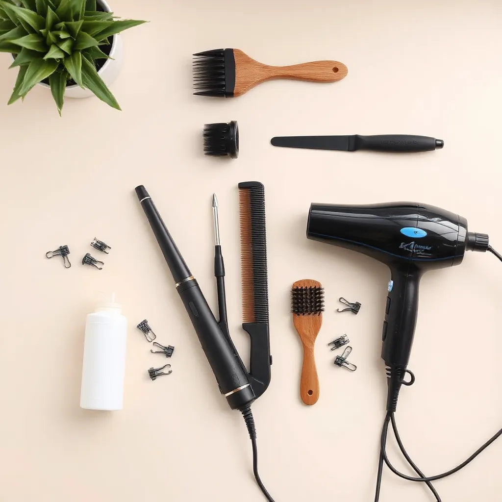 Hair styling tools on a clean salon station, including a blow dryer, irons, brushes, and clips