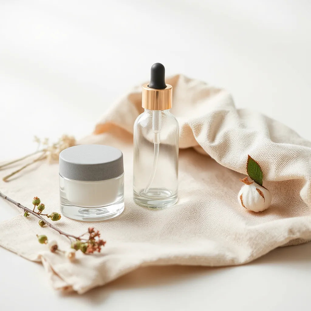 Simple assortment of fragrance-free skincare in glass and cream containers on a light neutral background