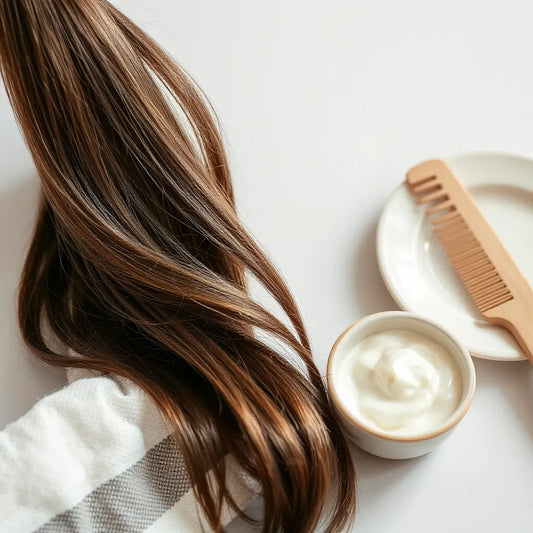 Healthy hair strands and a creamy repair mask with comb and towel on a clean salon surface
