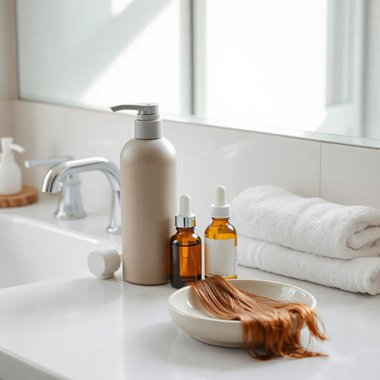 Elegant luxury hair care bottles and serum on a clean vanity with soft natural light