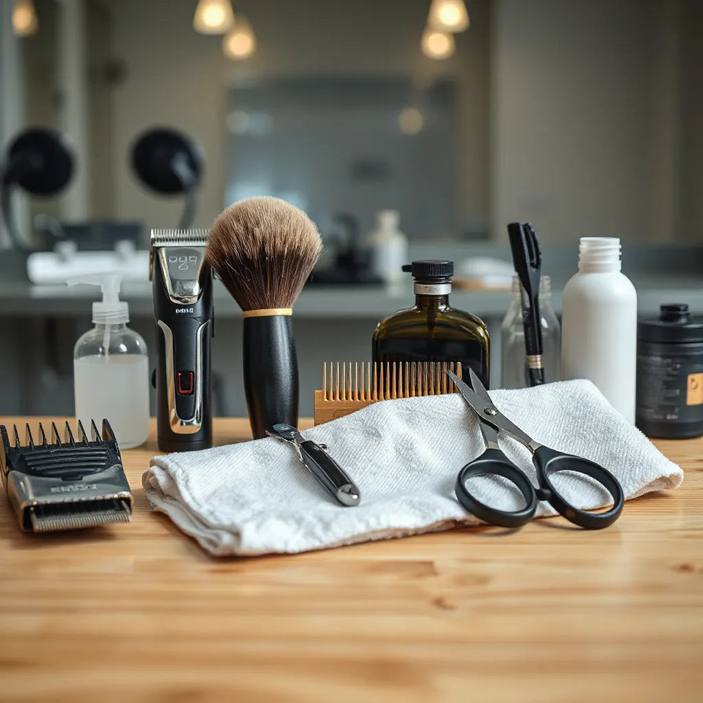 Neatly arranged barbering tools on a clean workbench, including clippers, combs, razor, and scissors