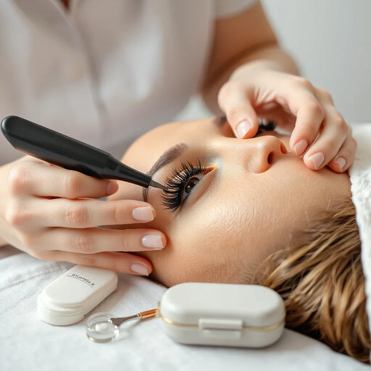 Lash technician applying natural eyelash extensions to a client in a clean studio setting