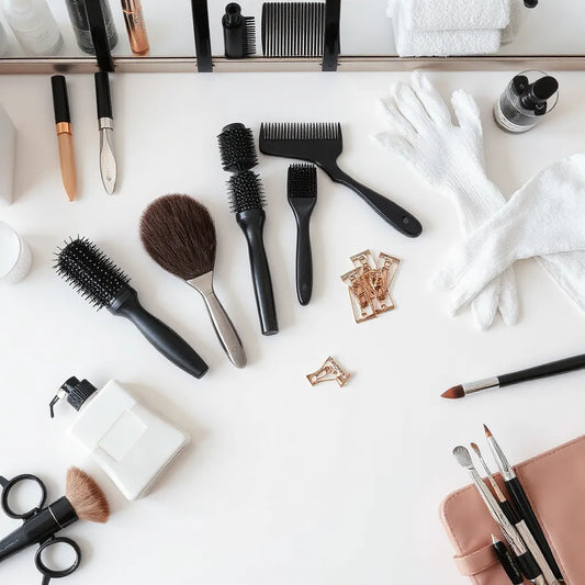 Neatly arranged salon beautifying tools on a clean counter, including brushes, clips, towels, and styling bottles.