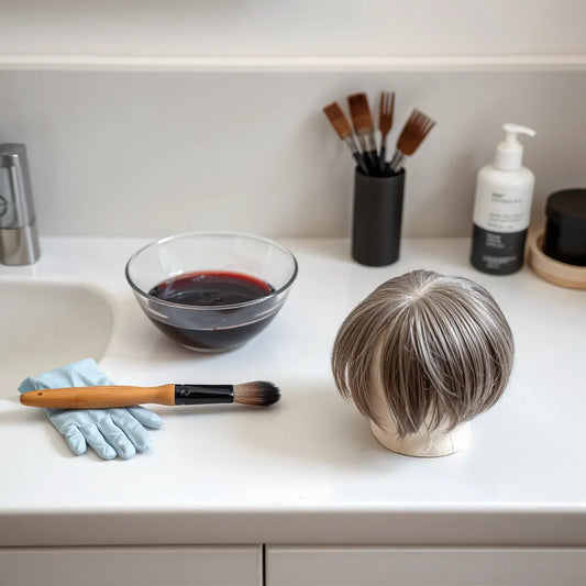 Mixing bowl with grey hair dye, tint brush, gloves, and a mannequin showing evenly covered grey roots