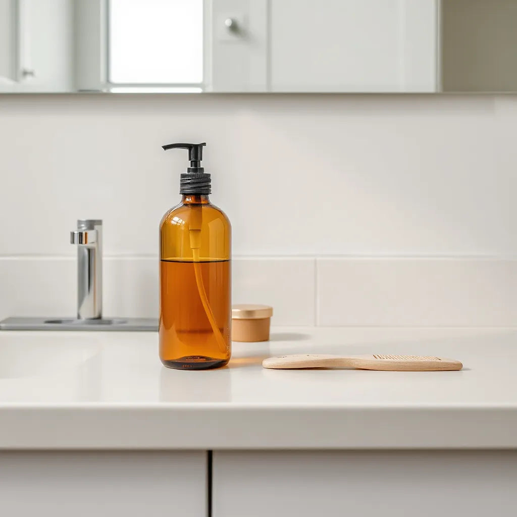 Hair care bottles, a wide-tooth comb, and soft natural light on a bathroom counter