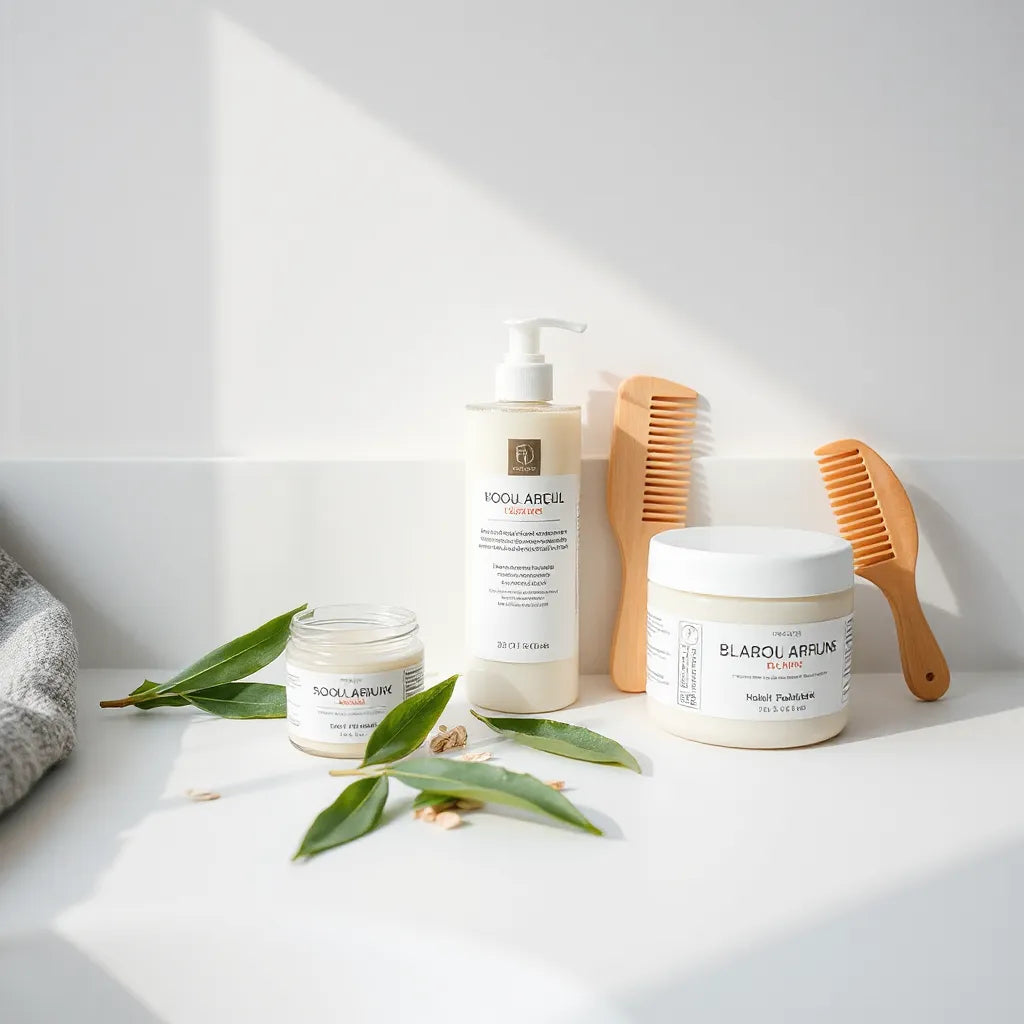 Vegan hair care bottles and a hair mask jar with fresh green leaves on a clean bathroom counter
