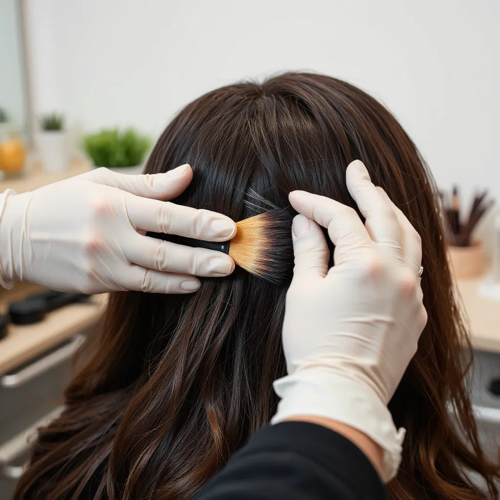 Hairstylist applying creamy hair color to strands using a tint brush and bowl in a salon setting