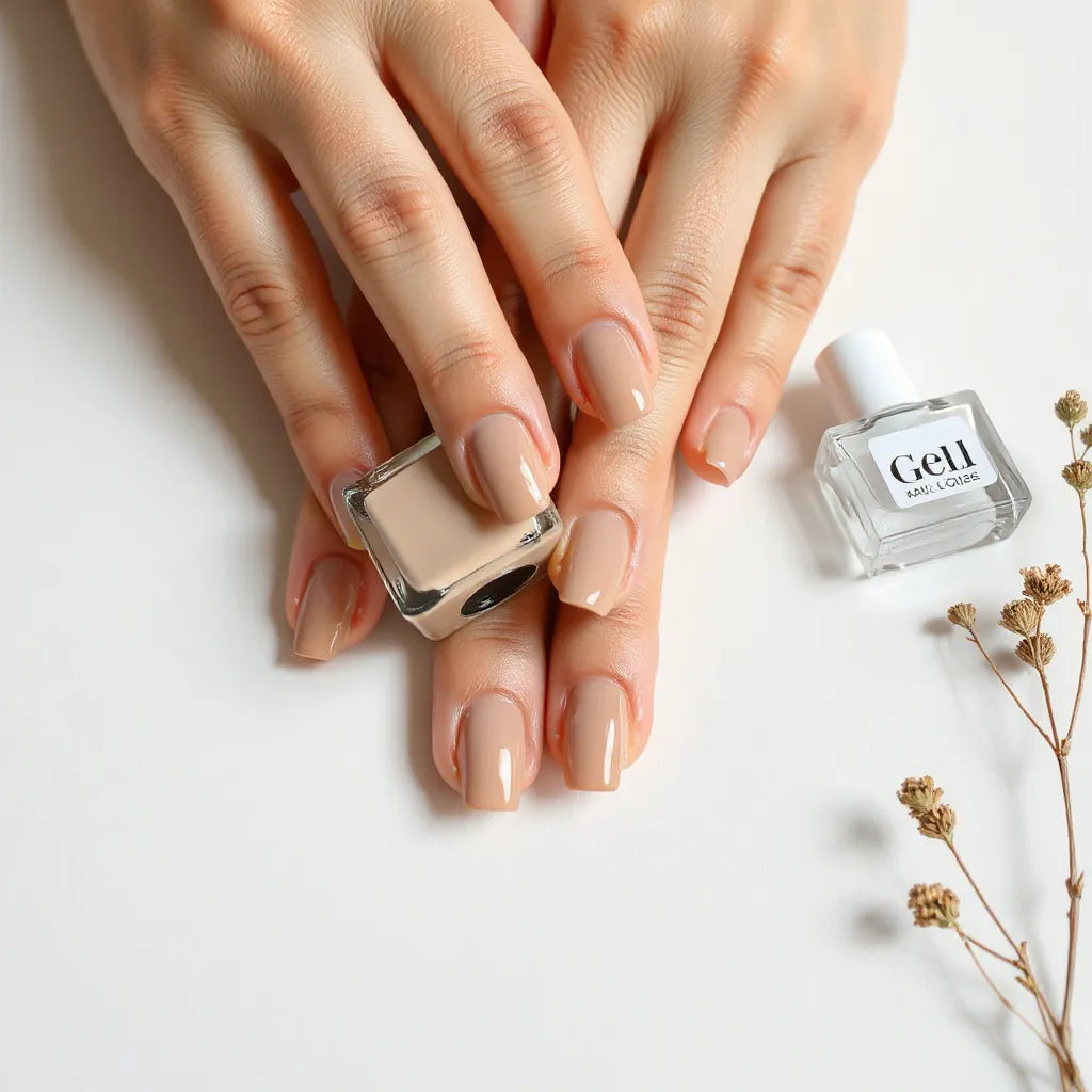 Glossy gel-polished nails with gel polish bottles on a clean light background
