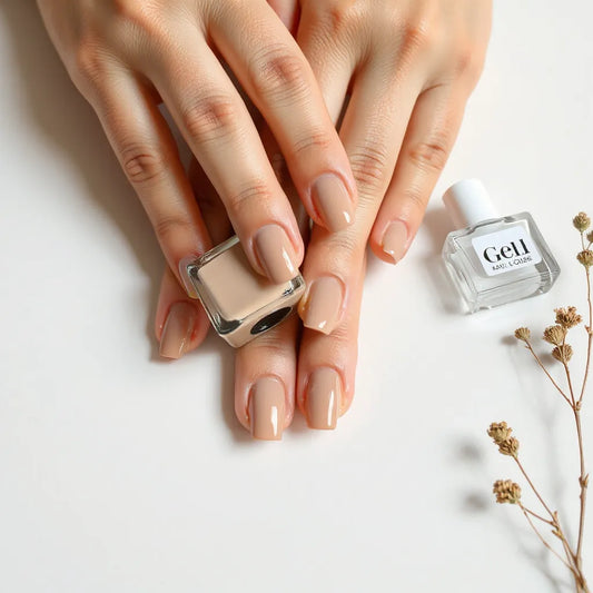 Glossy gel-polished nails with gel polish bottles on a clean light background