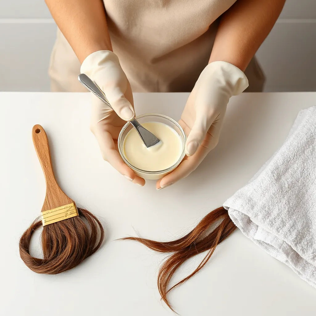 Gloved hands holding creamy ammonia-free hair dye and brush with a hair strand on a clean counter