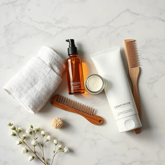Sleek bottles of hair serum and conditioner with a microfiber towel and comb on a minimal marble surface