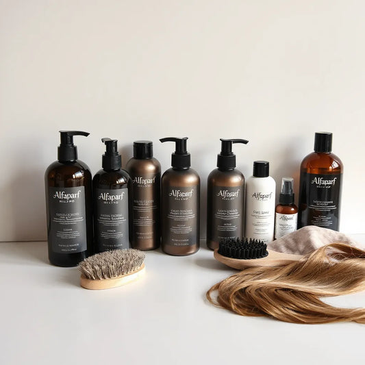 Assorted professional haircare bottles and a brush on a clean salon-style countertop