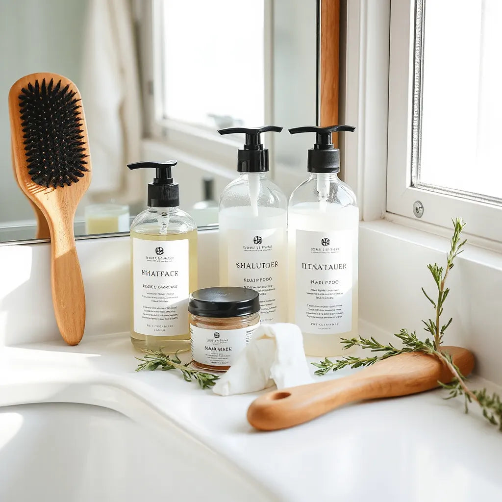 Minimal vegan hair care products on a bathroom vanity with aloe and rosemary sprigs