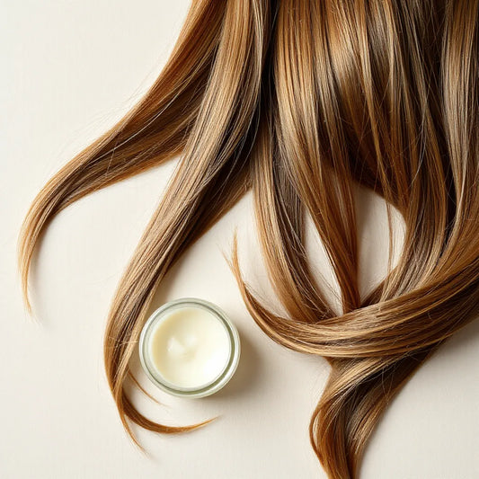 Shiny, smooth hair strands with a clear creamy treatment bowl on a clean salon background