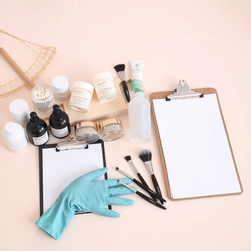 Neatly arranged professional beauty products and tools on a clean countertop with gloves