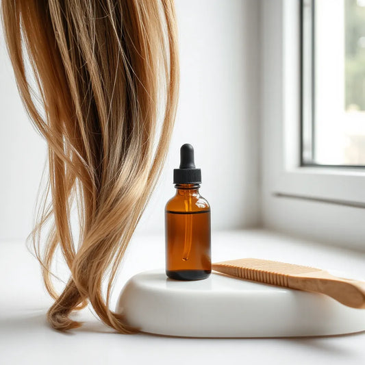 Sleek, smooth hair with a dropper anti-frizz serum and comb on a clean neutral background
