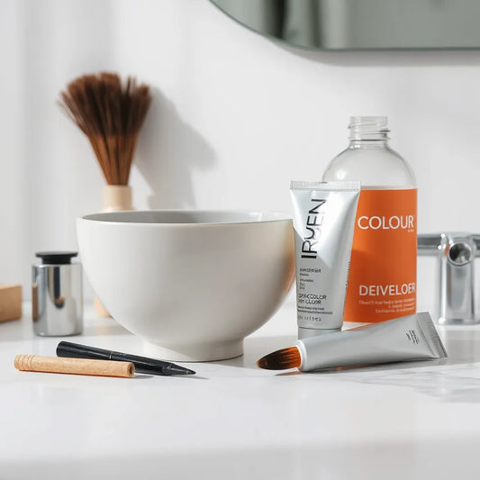 Hair color mixing bowl and bottles arranged neatly on a clean vanity for a color treatment routine