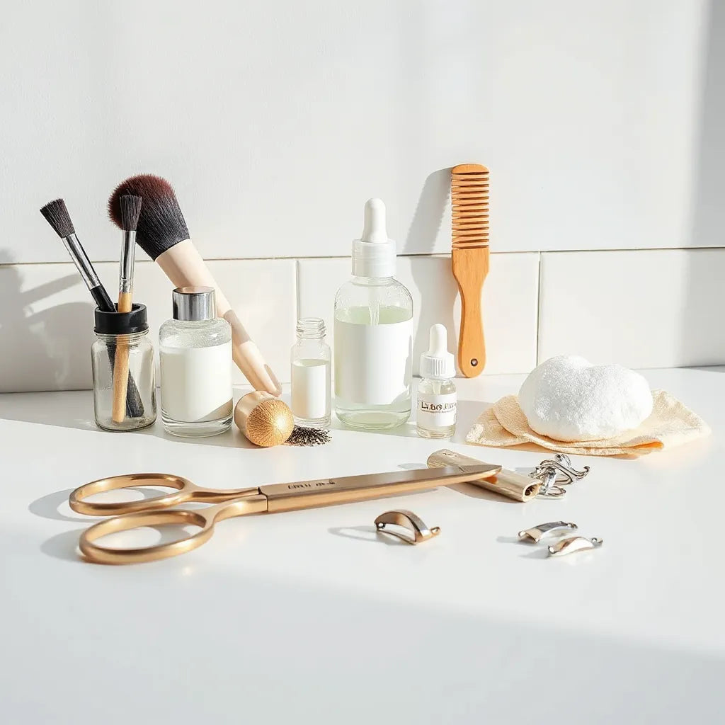 Neatly arranged salon tools and skincare products on a clean countertop for beauty routines