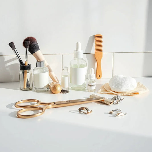Neatly arranged salon tools and skincare products on a clean countertop for beauty routines