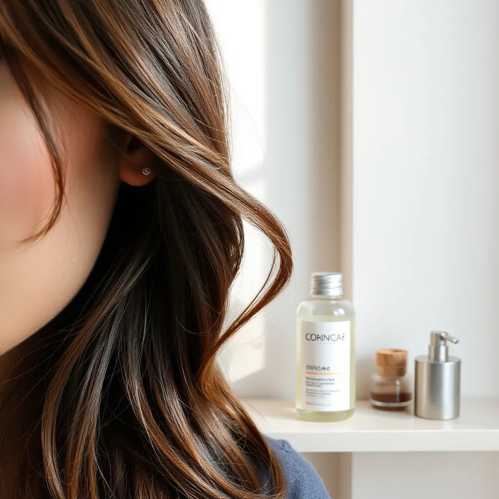 Glossy color-treated hair strands with a minimal hair color care bottle on a clean shelf