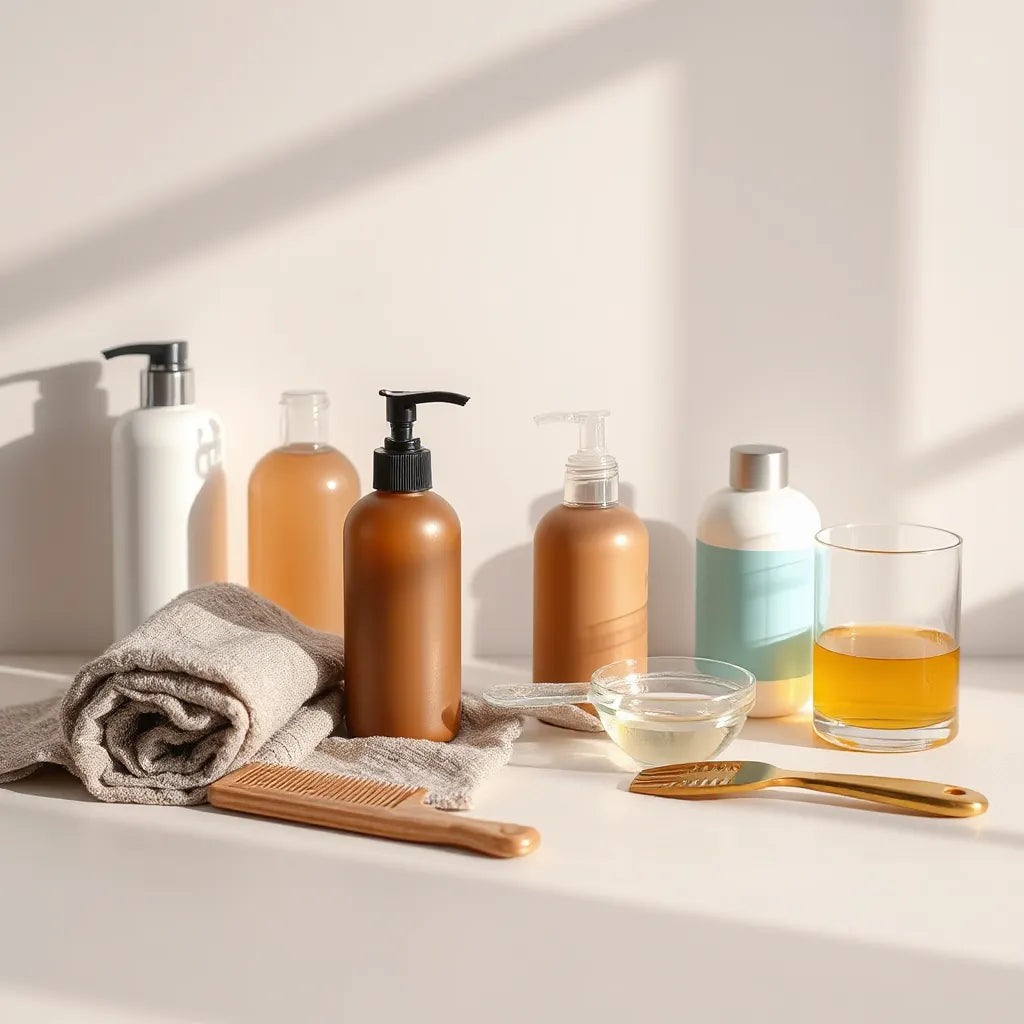 Personalized hair care products, comb, and towel arranged on a clean countertop