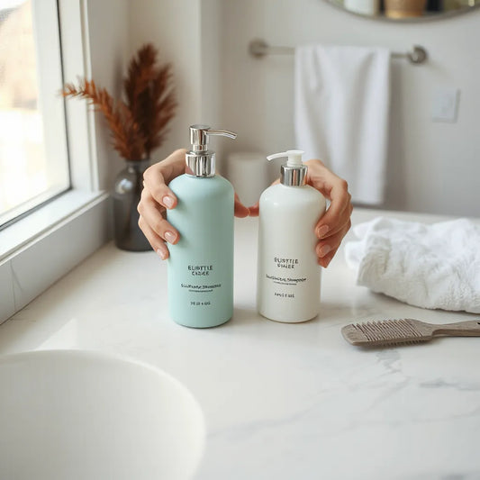 Sulfate-free shampoo and conditioner bottles on a clean countertop with a comb and towel