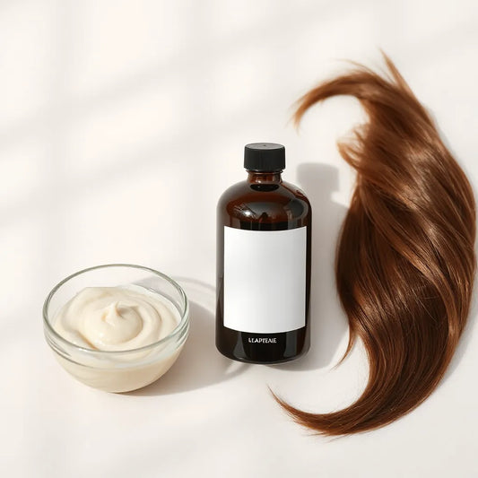 Sleek hair color care bottle beside a creamy dye bowl with glossy hair strands on a light neutral background