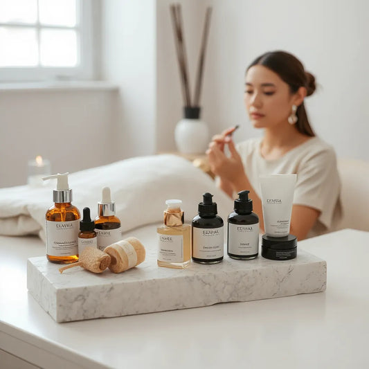 Clean salon skincare setup with treatment products on a tray and an esthetician preparing a facial