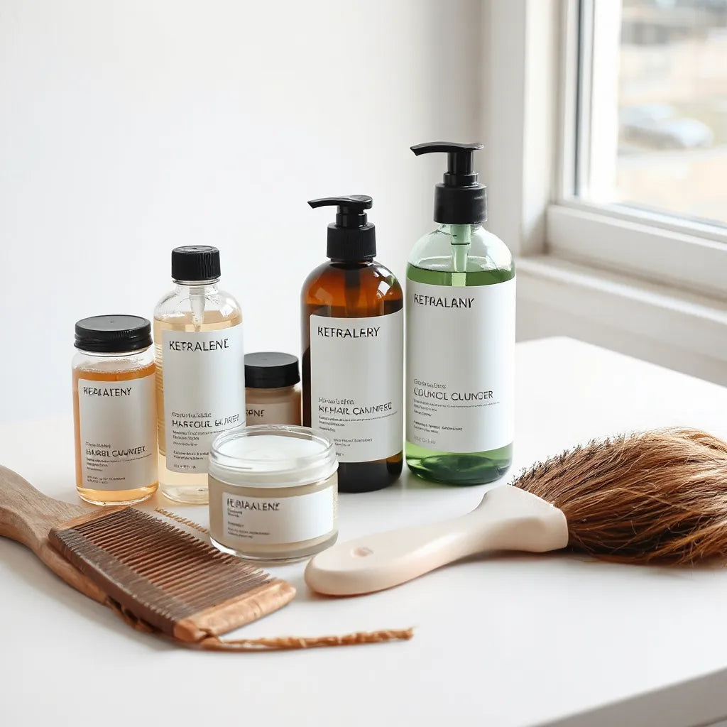 Assorted unlabeled hair care bottles and jars arranged with a comb and hair brush on a light background