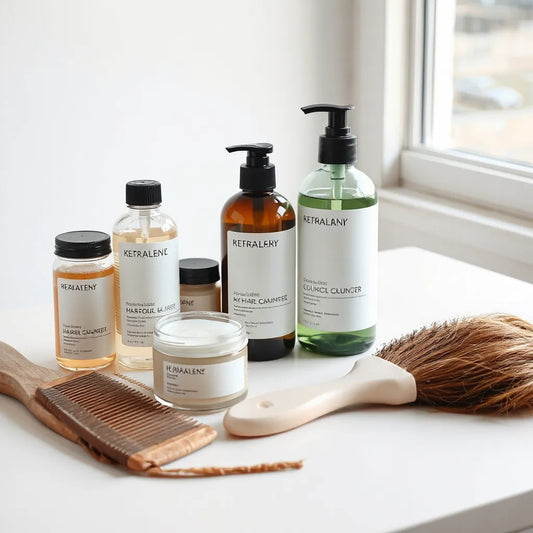 Assorted unlabeled hair care bottles and jars arranged with a comb and hair brush on a light background